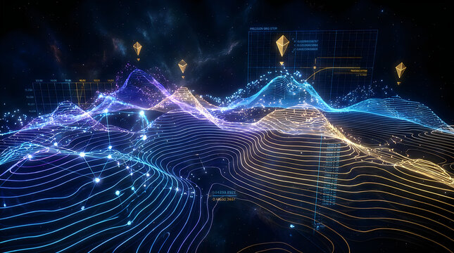 Digital abstract 3d landscape with glowing blue light lines and data particles on a dark background representing technology and network connectivity