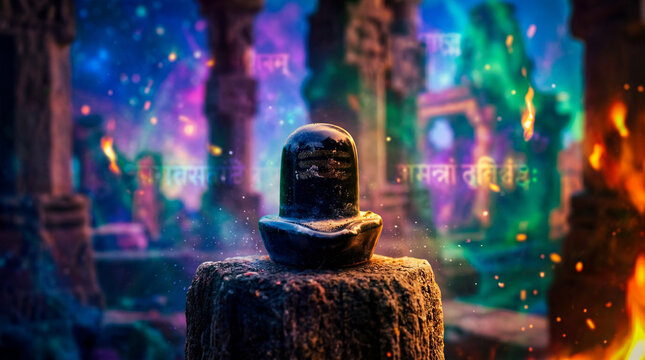 Selective focus on Shivalinga statue, isolated on rough column. Black idol made with marble. Symbol of God Shiva.