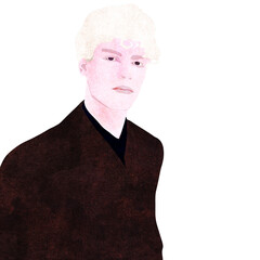 ilustracja, grafika, portret sylwetka mężczyzny jasne włosy spojrzenie przed siebie. Tekstura. © Monika