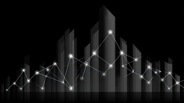 Glowing digital data flow overlays a silhouette of towering modern structures against a dark background