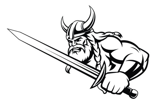 Powerful viking warrior mascot with a horned helmet and braided beard charging forward aggressively while wielding a sharp medieval sword