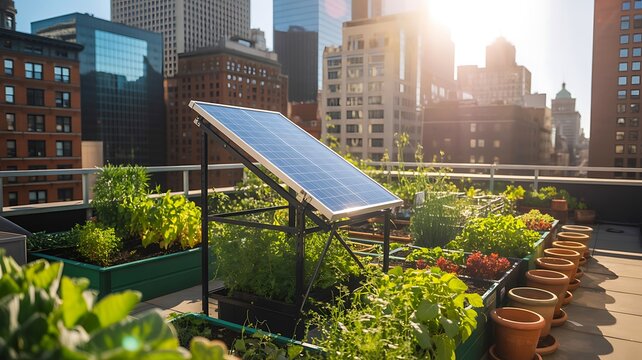 Urban rooftop garden with solar panel and sustainable city farming