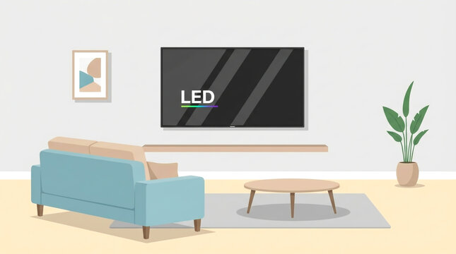 Teal sofa and coffee table with LED TV on wall in living room