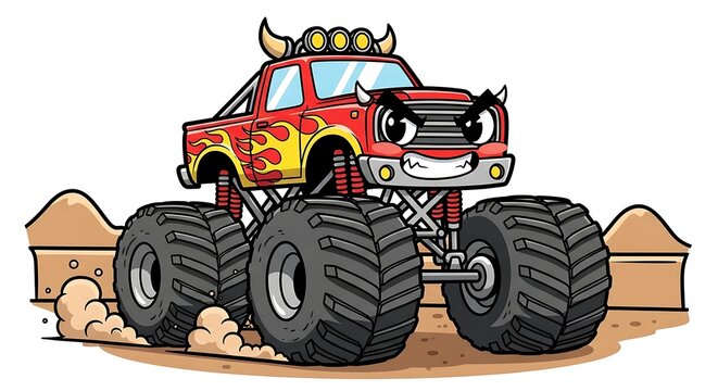 Toy monster truck with flames and skull design on dirt track.