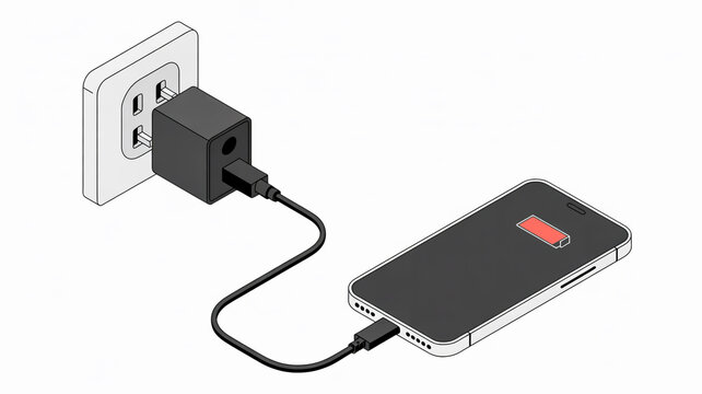 A smartphone charges from an electrical outlet through a black charger.