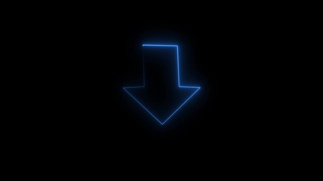 Neon line arrow pointing down on black background. Abstract glowing down arrow icon animation. 4k video