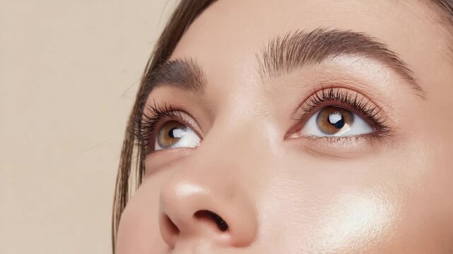 closeup face of asian woman with cosmetics, acne care and pimple treatment on beige studio background. Portrait, person and model, beauty and grooming routine with glow