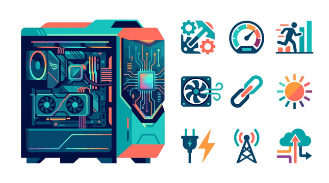 Hybrid flat vector illustration of a high-performance gaming PC tower showing internal components like GPU and CPU with a set of 9 technology hardware and performance icons on white.