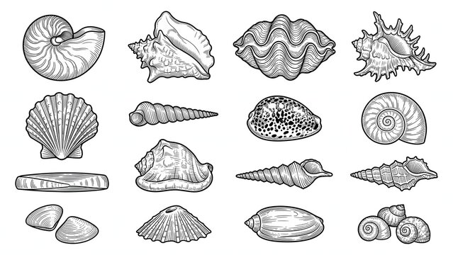 Seashells set vintage engraving style sketch vector illustration isolated on white background