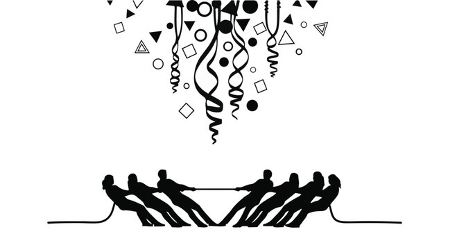 Team members pulling a rope during a competitive tug of war game beneath a festive shower of floating geometric shapes signifies a dynamic struggle for victory and group collaboration success.