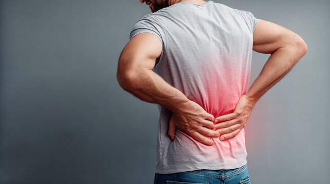 Man experiencing lower back pain, highlighting health and discomfort.