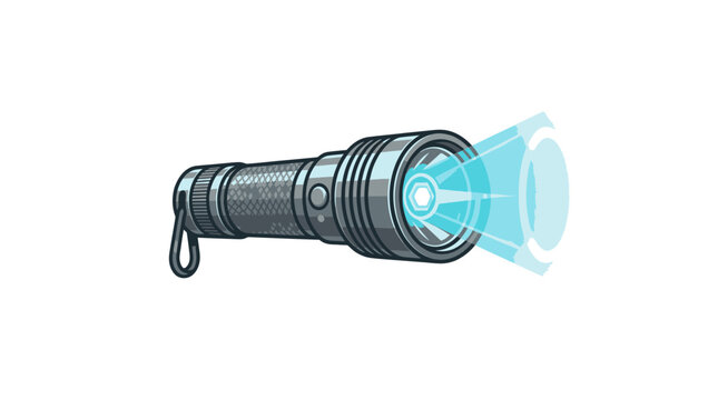 Black flashlight with blue light beam.