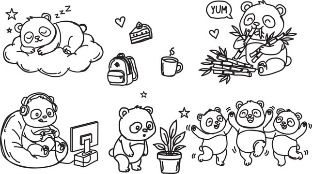 Cute panda daily routine doodle set with funny bear activities like sleeping on cloud, gaming, dancing, and eating bamboo