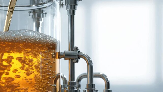 Industrial tank metal pipe liquid flow amber in stainless steel fermentation brewery manufacturing process transparent facility