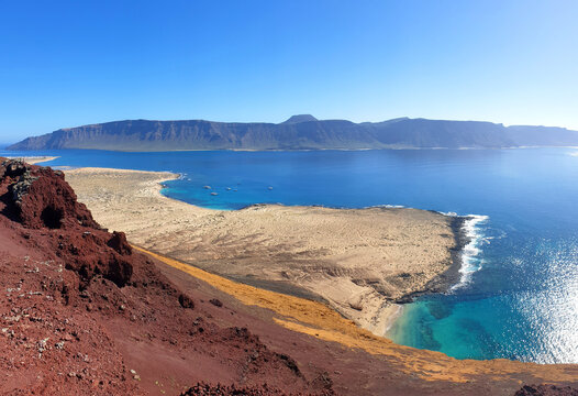 Coast of Island La Graciosa with Risco de Famara on Island Lanzarote, Canary Islands, Spain, Europe.