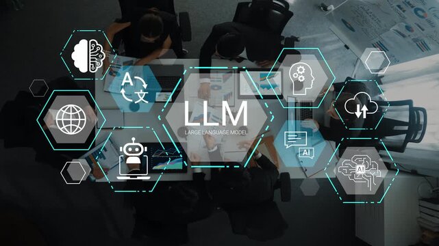 Collaborative Workplace Scene with Large Language Model Concept, Team Meeting with Technology Visuals, Diverse Group Engaged in Discussion and Strategy Planning Gluon.
