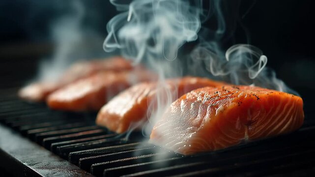 Salmon fillets sizzling on a grill during a cinematic close-up with smoke rising against a dark background