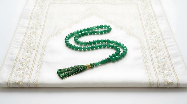 Islamic prayer beads on white embroidered prayer rug for Ramadan