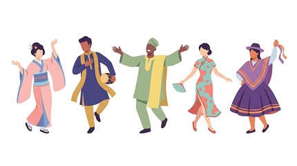 Obraz premium Diverse People in Traditional Cultural Costumes Vector Illustration