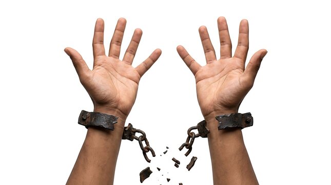Hands with broken metal shackles symbolic of freedom and liberation