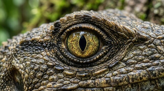 Close up of a crocodiles eye with intricate scales and reptilian texture.