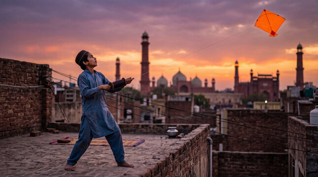Young Boy Flying Kite Over Historic Lahore Rooftops at Sunset