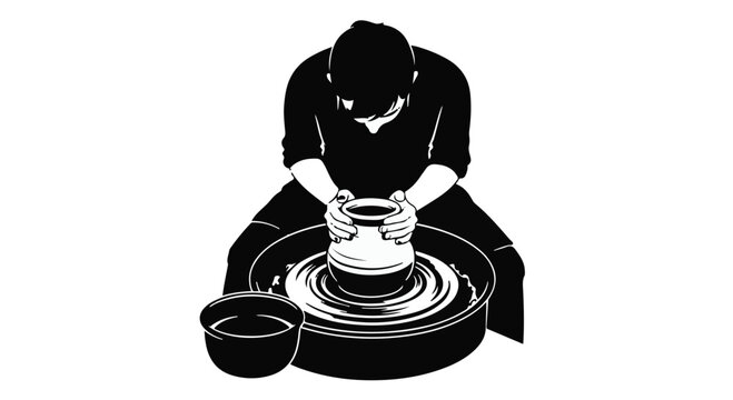 Potter shaping a ceramic vase on a spinning wheel in a workshop to demonstrate the traditional craftsmanship involved in creating handmade clay pottery for artistic or functional home decor use.