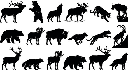 Fototapeta premium Wild Animal Silhouette Icon Set Featuring Bears Wolves Deer and Forest Wildlife for Nature Graphic Design ElementsWild Animal Silhouette Icon Set Featuring Bears Wolves Deer and Forest Wildlife for Na