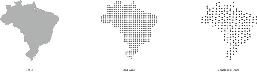 Brazil map silhouette in three different styles solid, dot grid, and scattered dots vector illustration © ZannathAra