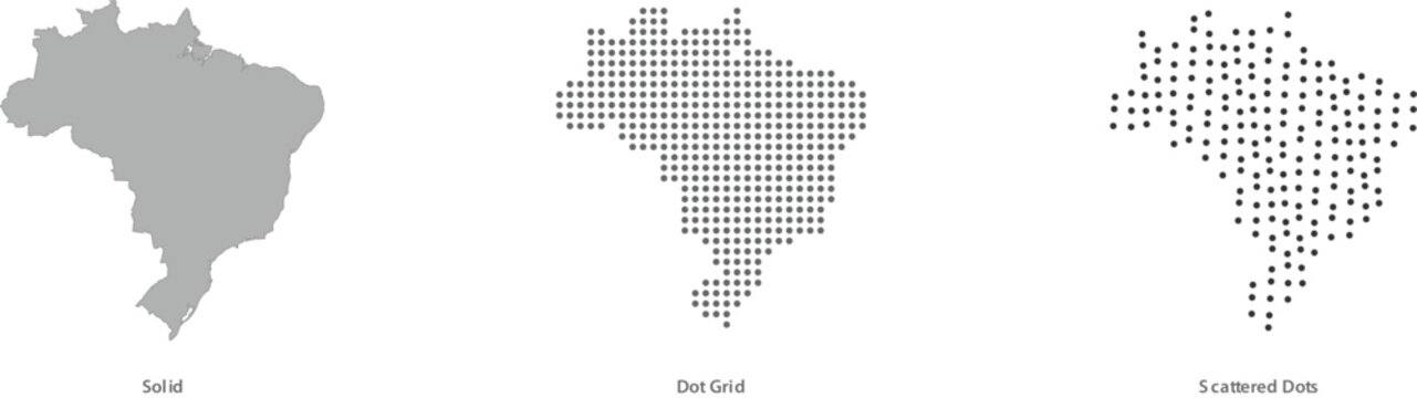 Brazil map silhouette in three different styles solid, dot grid, and scattered dots vector illustration