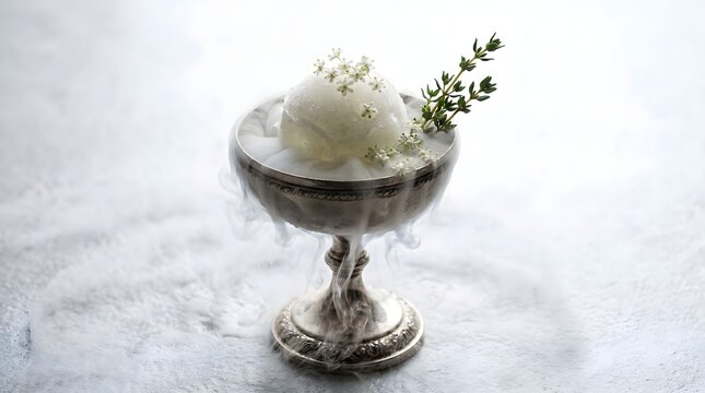 An elegant macro shot of an elderflower gin sorbet scoop served in an antique silver chalice, decorated with fresh thyme, heavy cold frost fog cascading over the rim