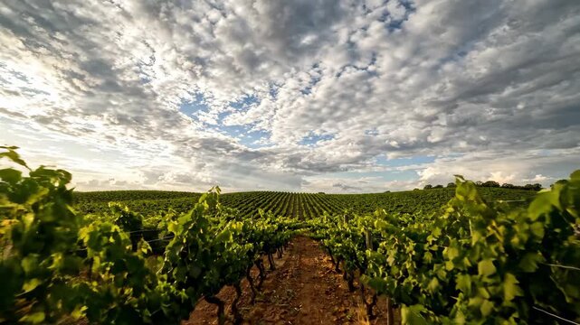 Lush vineyard rows under a vibrant, cloud-speckled sky stretch into the horizon