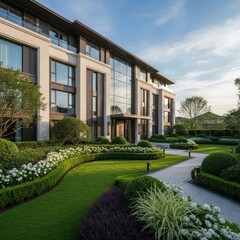 Fototapeta premium Modern luxury apartment building with beautiful landscaped gardens at sunset.
