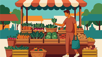 Obraz premium Flat vector illustration of a man with a reusable bag buying fresh organic vegetables at an outdoor farmers market stall with crates of carrots, cabbage, tomatoes, and leafy greens.