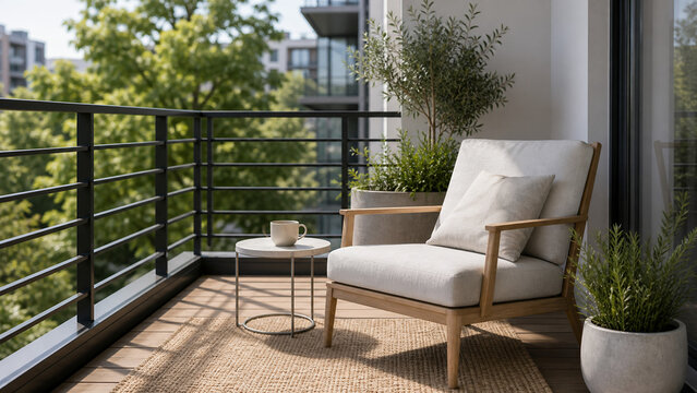 Sunny apartment balcony with chair and plants