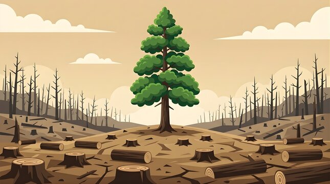 Lone green pine tree standing in a deforested landscape with stumps and logs vector illustration.