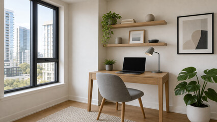 Fototapeta premium Compact home office nook beside large window