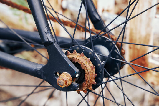Close-up of a rusty bicycle chain and rear cog sprocket on a black fixed gear bike frame wheel with spokes outdoors.