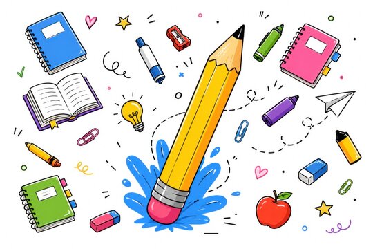 Hand drawn back to school doodle illustrations with education elements, learning icons and copy space.