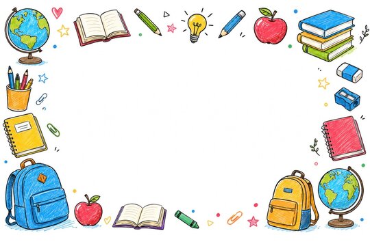 Hand drawn back to school doodle illustrations with education elements, learning icons and copy space.