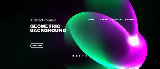 Naklejka premium Dark background features vibrant abstract shapes. Text highlights geometric design, navigation options present. Minimalist style.