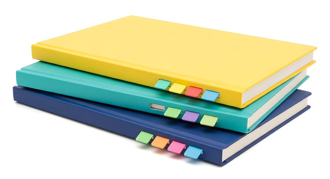 Stack of colorful notebooks with sticky notes