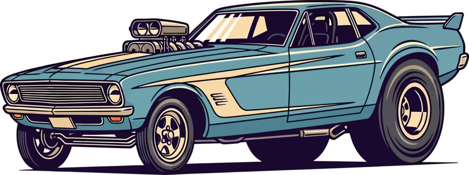 Custom Blue Drag Muscle Car Vector Illustration Front 3/4 View
