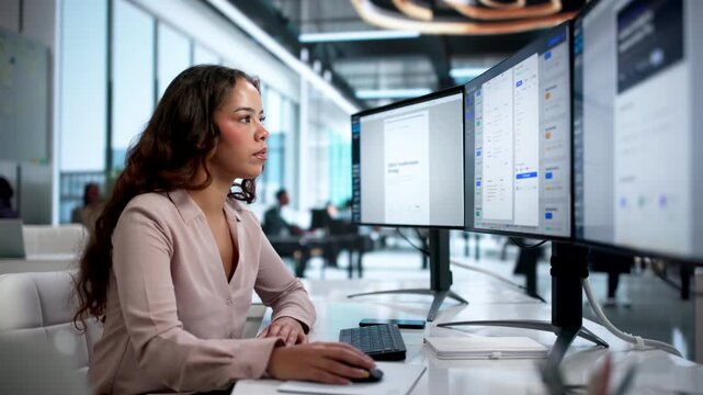 Young Hispanic Woman Using Document Management Software At Office