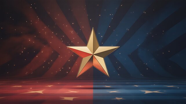 Metallic gold three-dimensional star centered on a patriotic background of radial red and blue stripes with scattered white stars patriotic election political american independence celebration