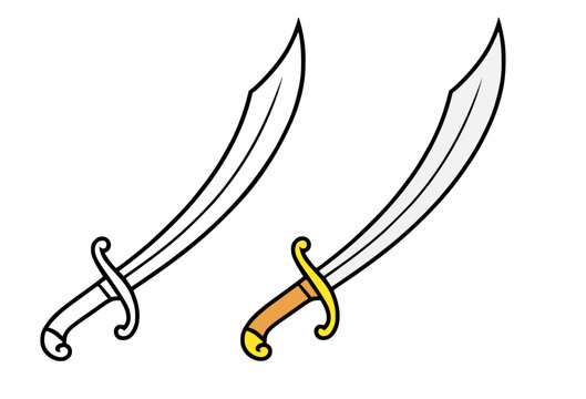 Scimitar minimalist icon, line art and colored, for coloring page