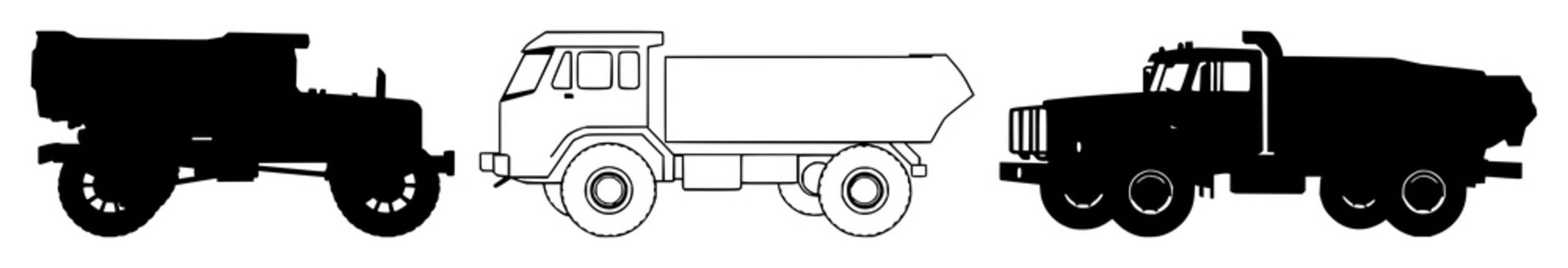 Mining cart set with black silhouette and side view featuring coal car, wagon, train with industry and transportation elements