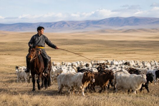 Mongolian herder guiding livestock across vast grasslands under open mountain skies.