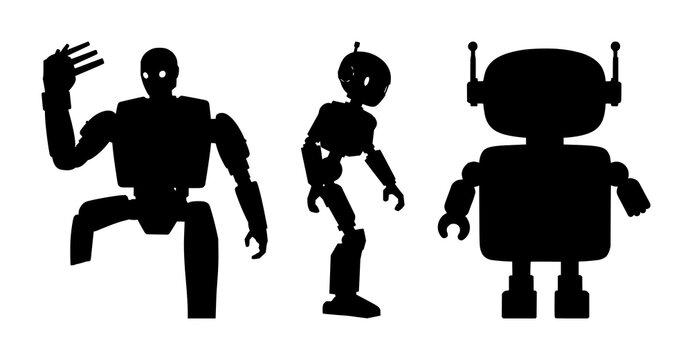 Robots set with black silhouettes and monochrome design featuring technology, science fiction, androids with artificial intelligence and automation