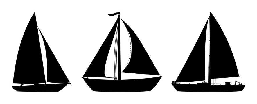 Sailboat set with a simple side profile and black silhouette featuring a vessel, boat, yacht with mast and sails